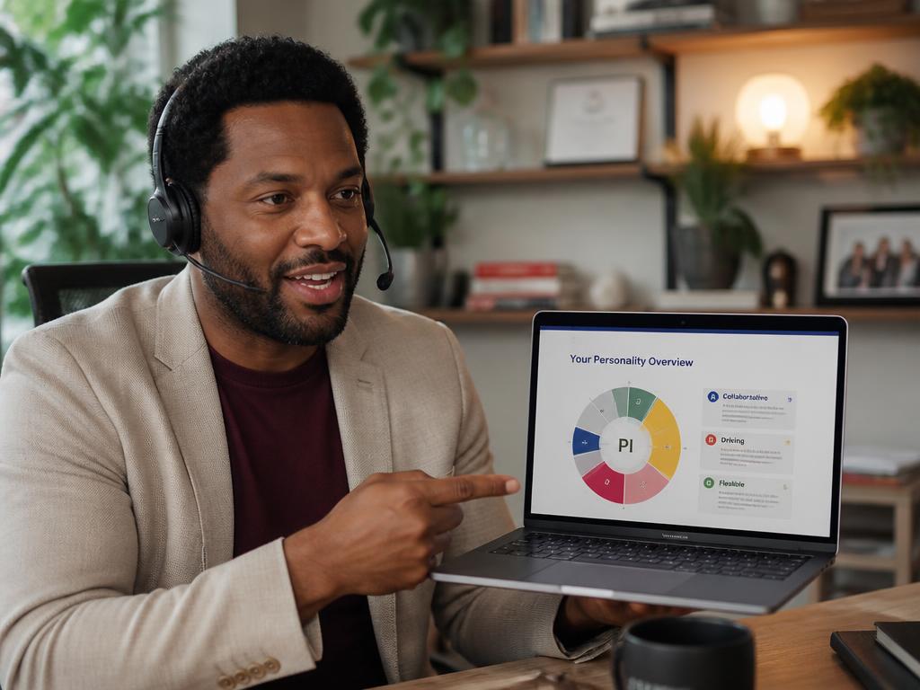 Mentor conduzindo sessão online mostrando relatório de personalidade